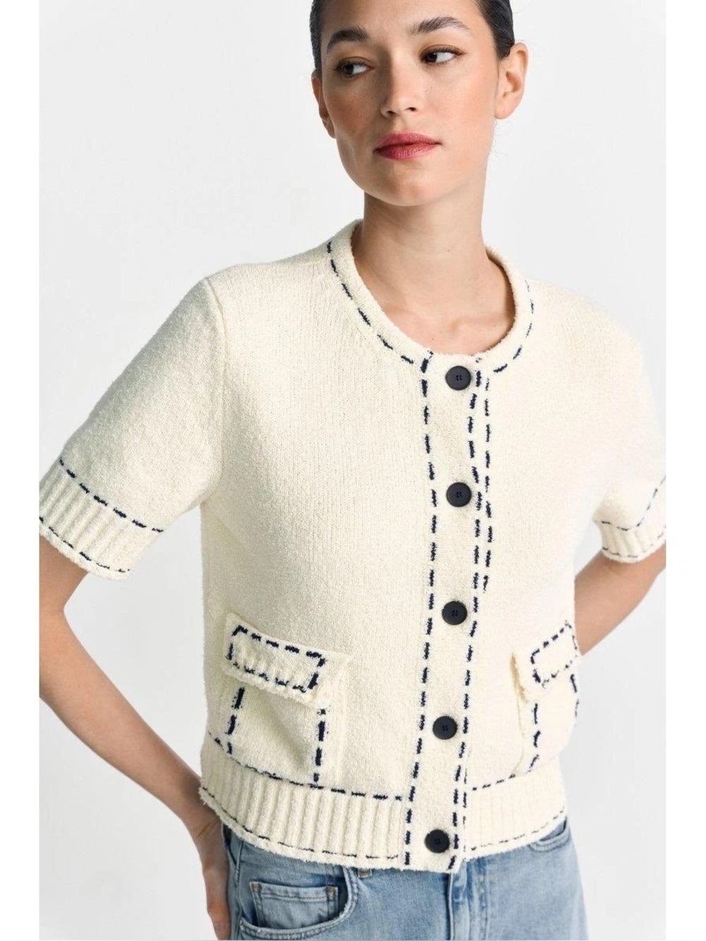 Zara Sz L Knit White Coastal Short Sleeves Button Front Cardigan Sweater